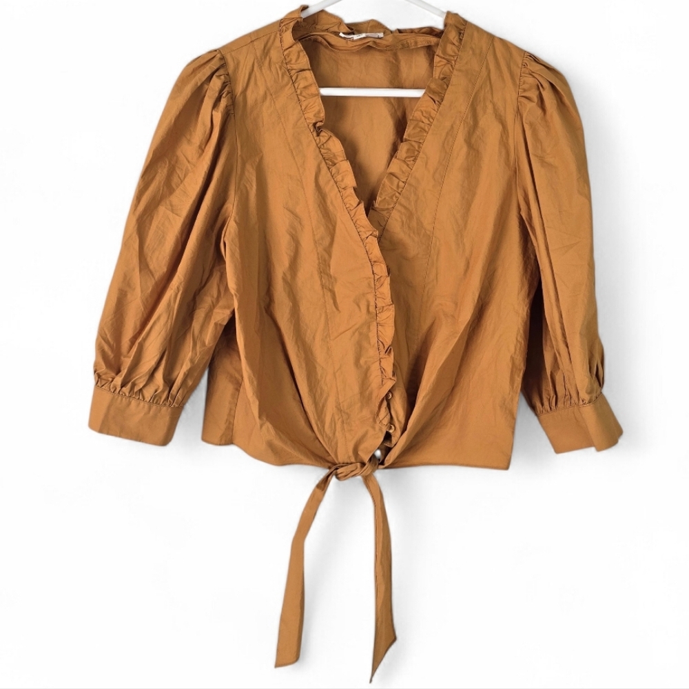 A Loves A Gold Ruffle V Neck Tie Front Elbow Sleeve Poplin Cotton Blouse M